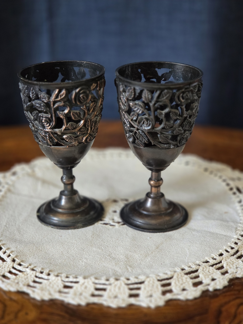 Vintage 1980 Rose Vine Metal Goblets – Set of 2 | Hong Kong Wine Chalices